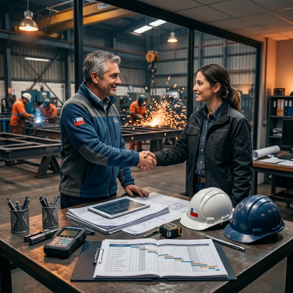 Profesionales aprobando cotización y planificando proyecto sobre planos técnicos
