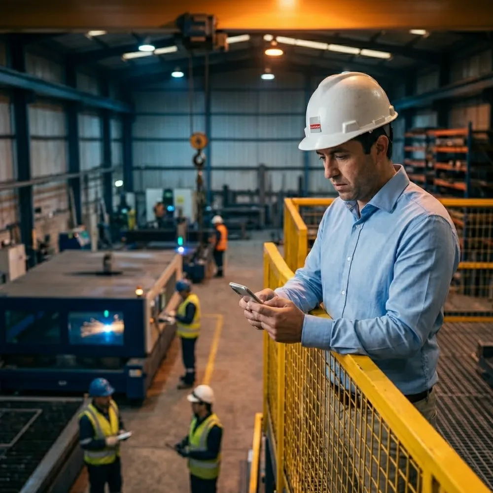 Profesional revisando una consulta en su celular en planta industrial ACERPRO