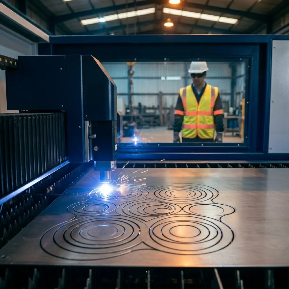 Máquina de corte láser CNC fabricando pieza de acero con control de calidad