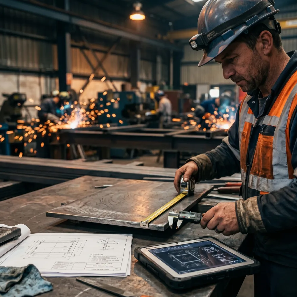 Técnico midiendo plancha de acero para levantamiento y cotización