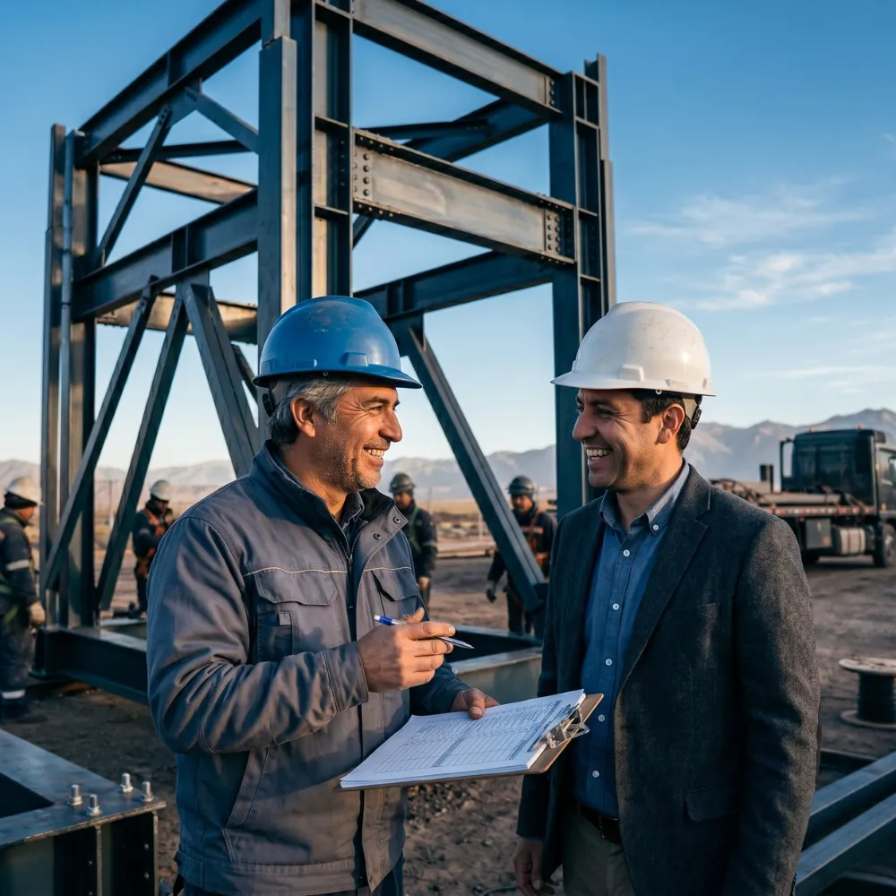 Técnico realizando seguimiento postventa junto al cliente frente a estructura terminada