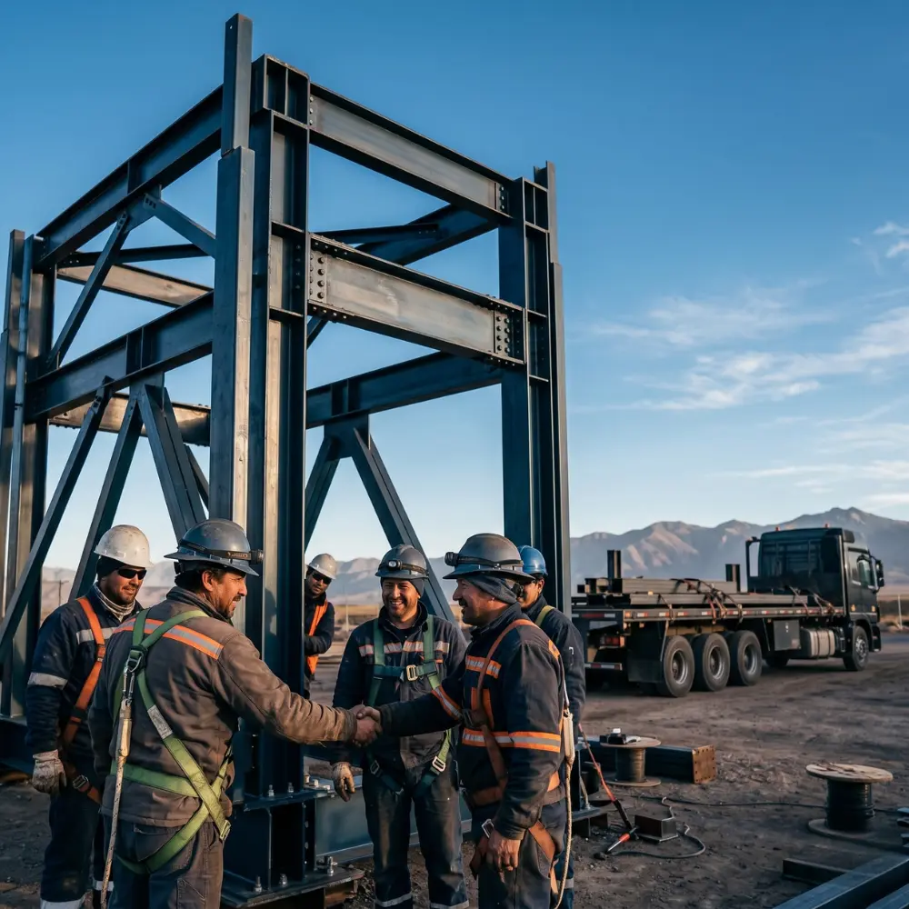 Equipo entregando y verificando estructura metálica instalada en terreno